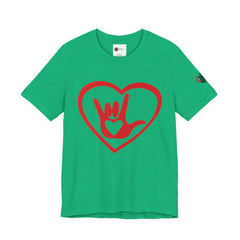 Green t-shirt with a red heart and hand symbol on a white background