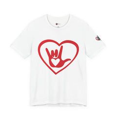White t-shirt with a red heart design featuring a hand sign on a white background