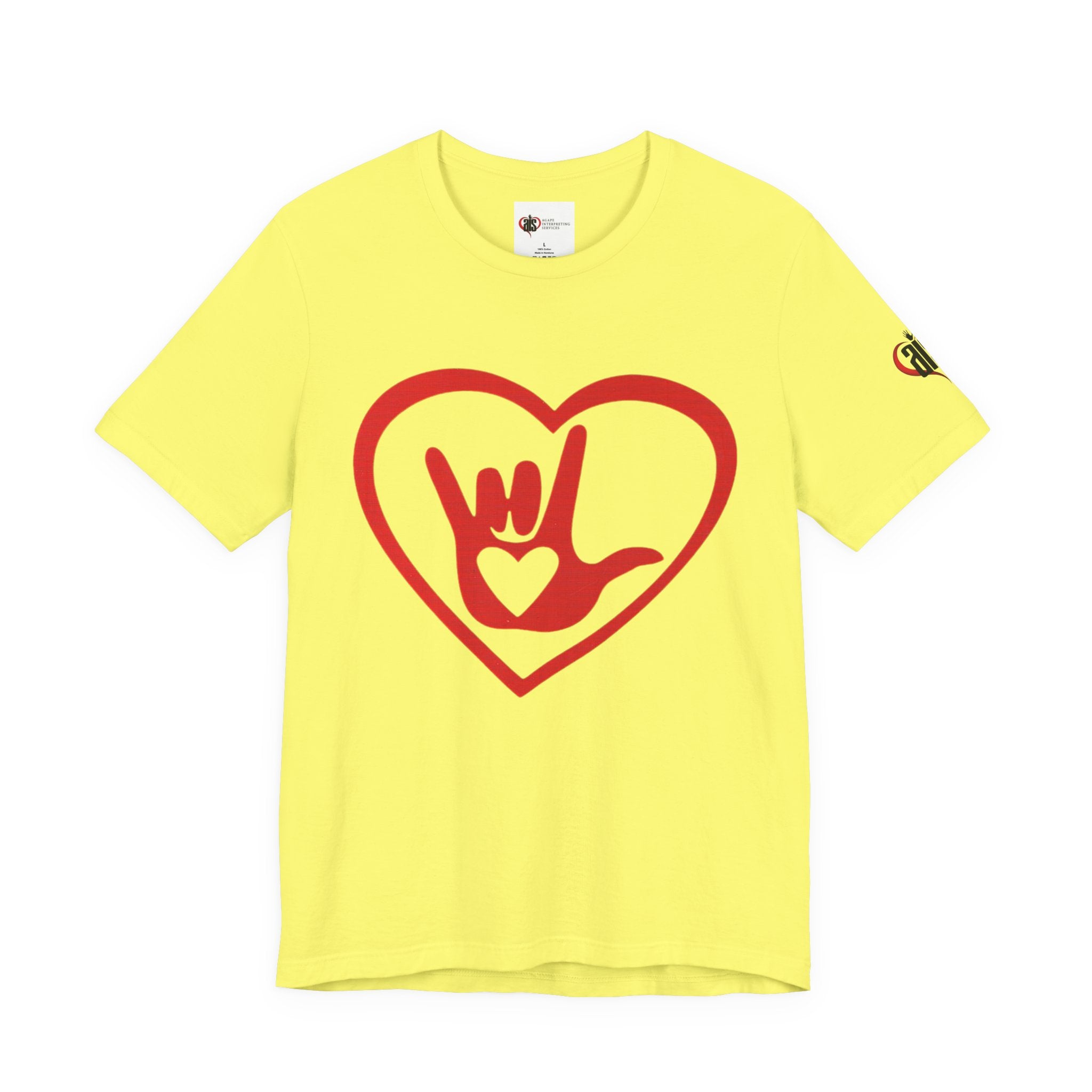 Yellow t-shirt with a red heart design featuring a hand sign on a white background