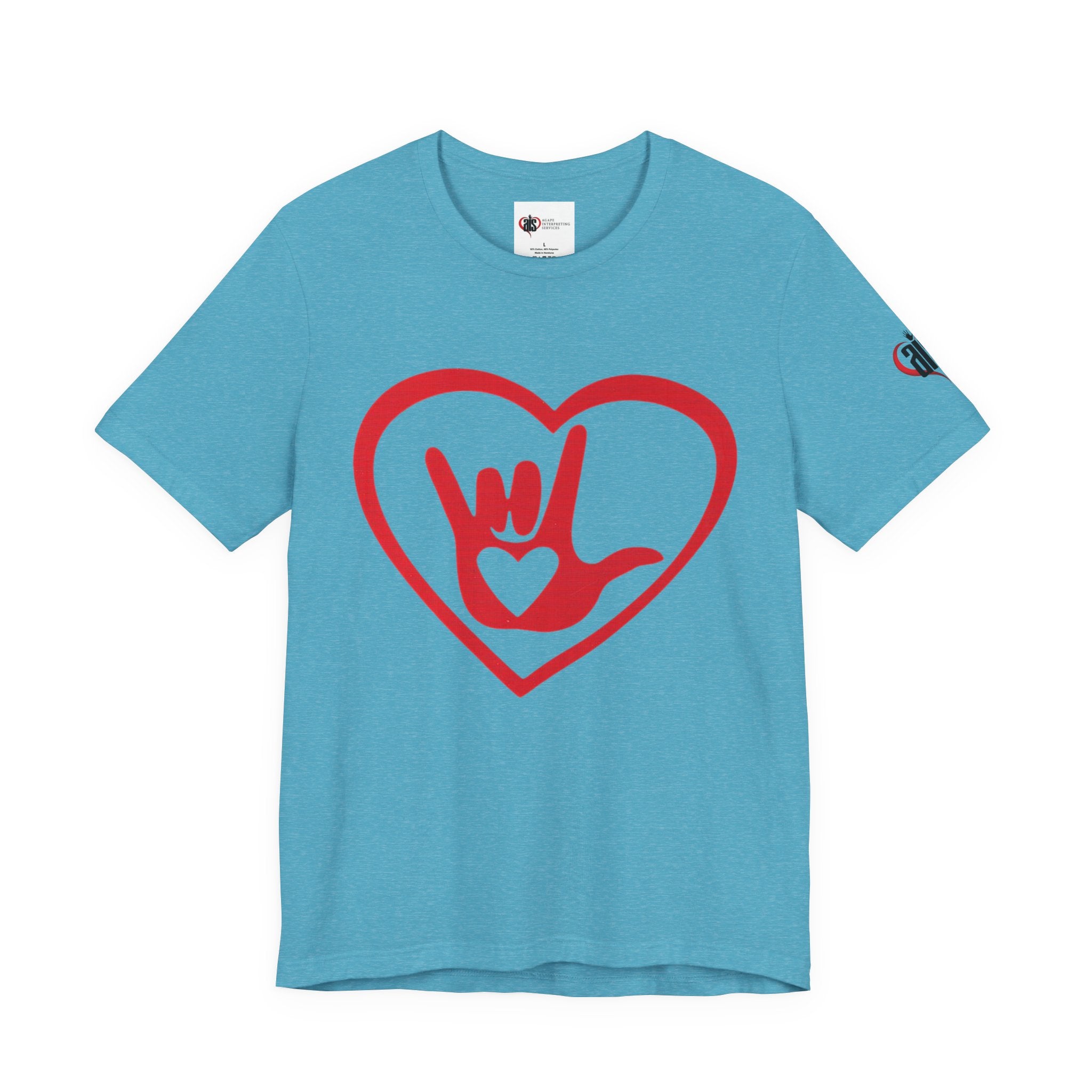 Blue t-shirt with a red heart and hand sign design on a white background