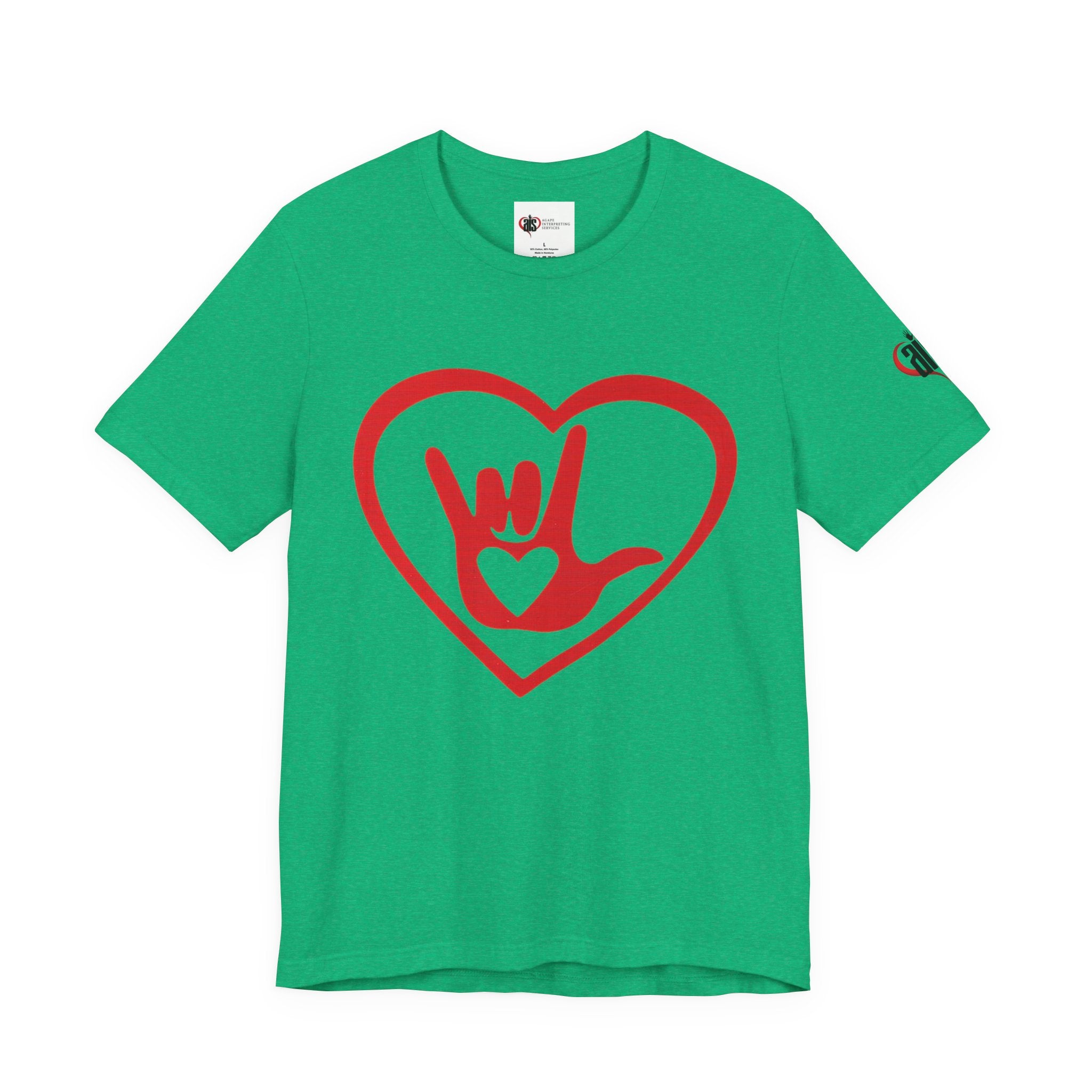 Green t-shirt with a red heart and hand symbol on a white background