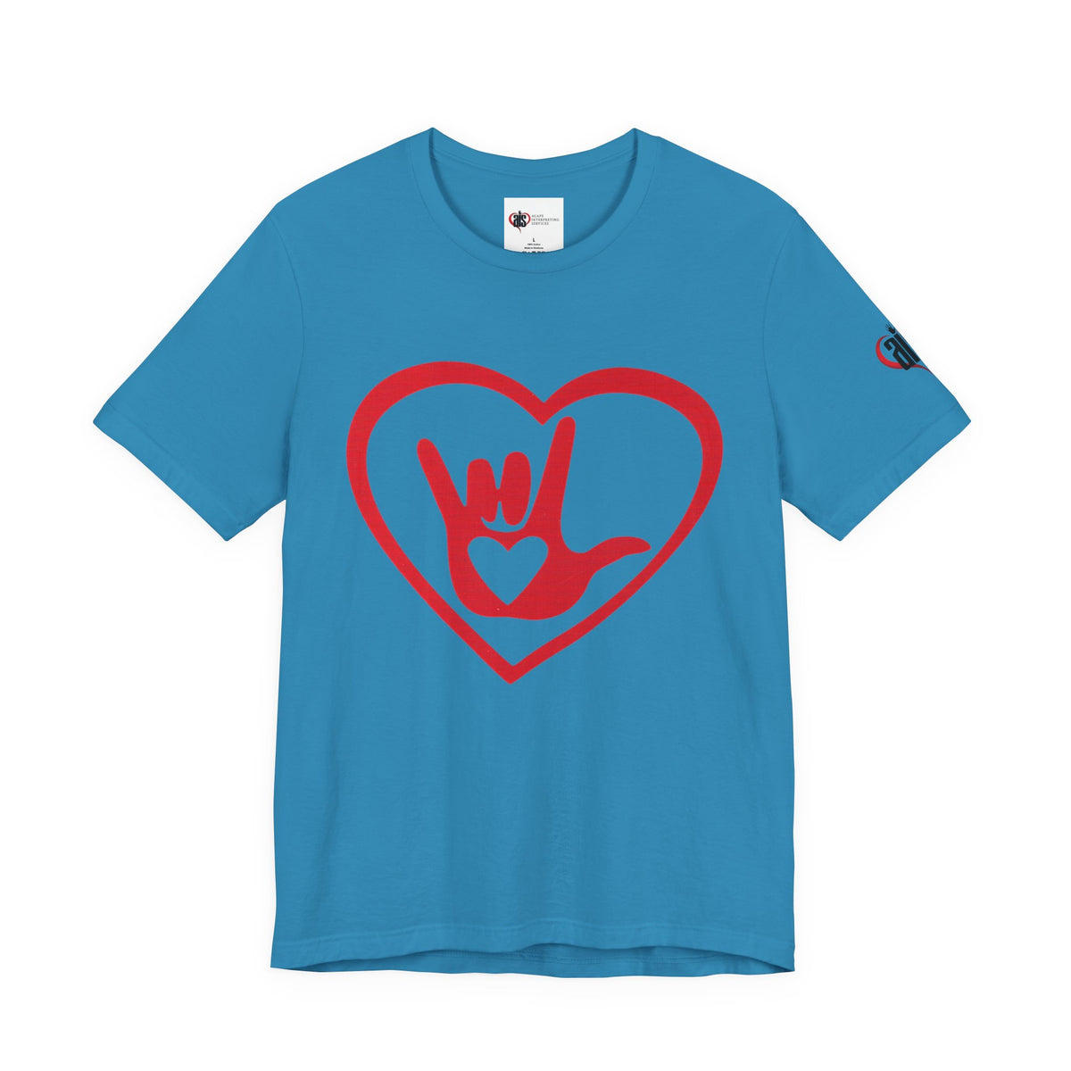 Blue t-shirt with a red heart and hand symbol on a white background