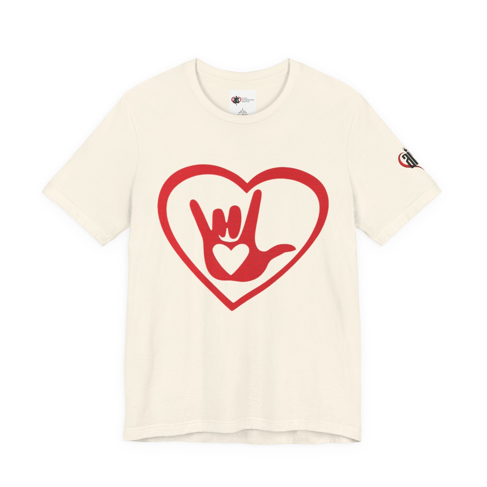 Beige t-shirt with a red heart design featuring a hand sign on a white background