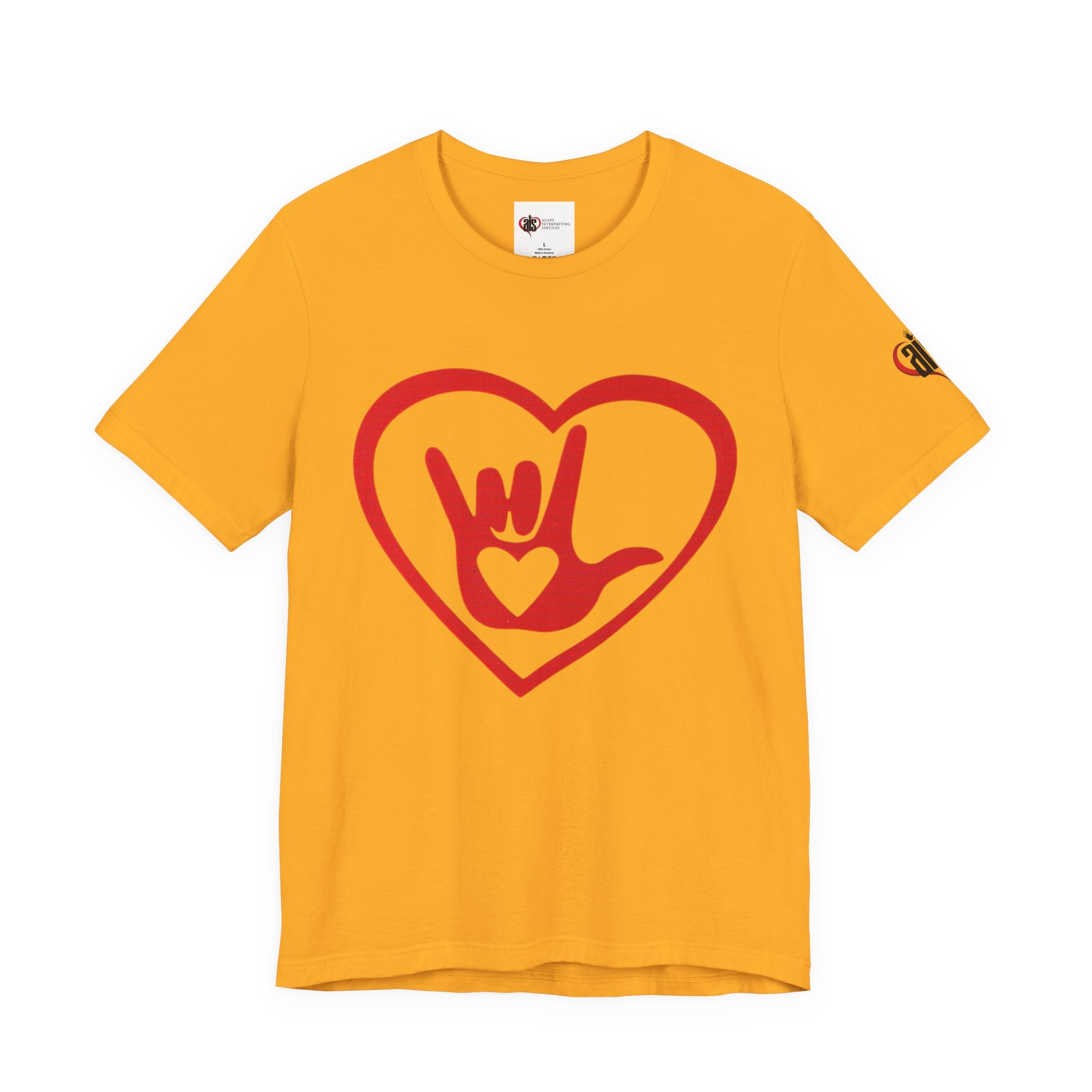 Yellow t-shirt with a red heart and hand symbol on a white background