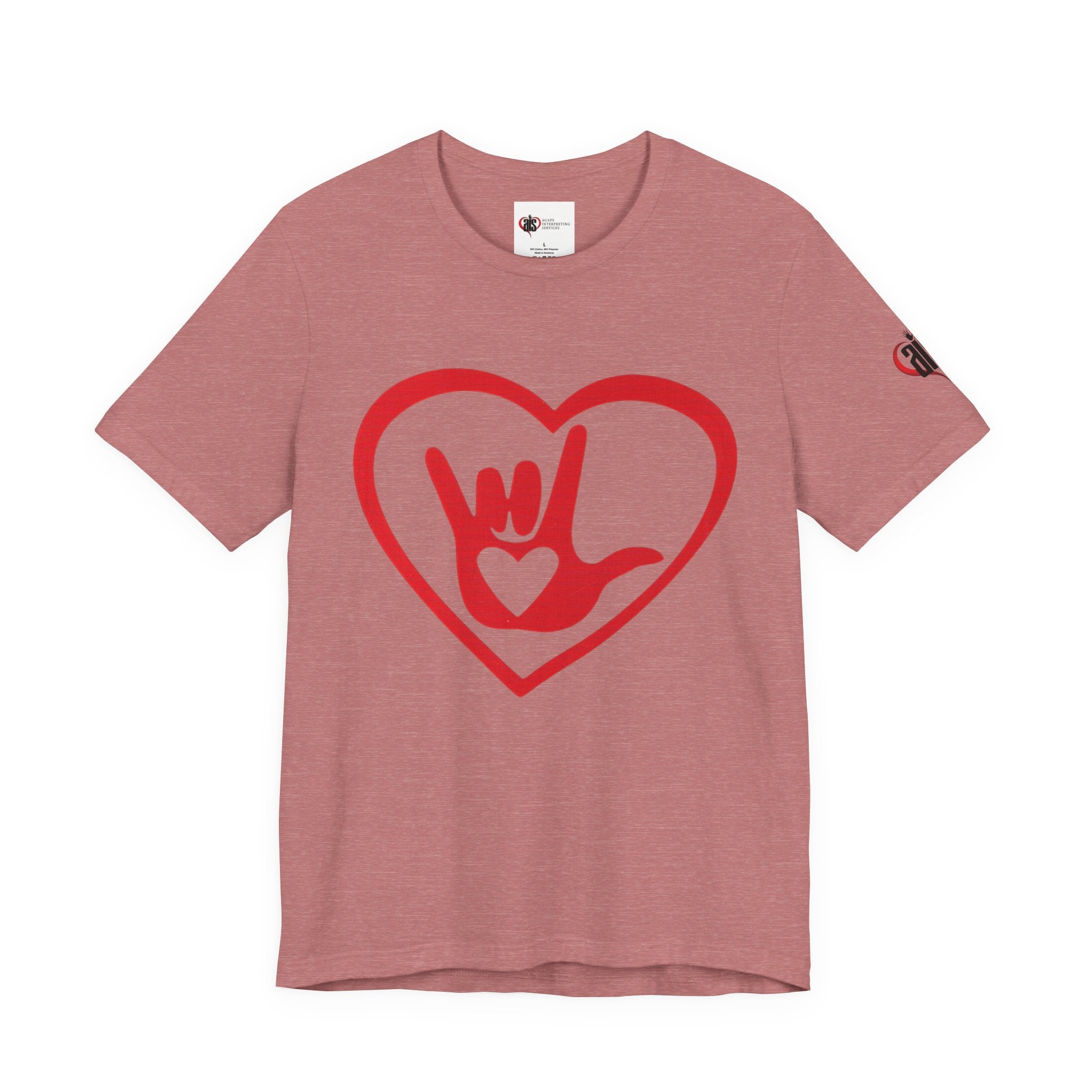 Red t-shirt with a heart-shaped design featuring a hand sign on a white background