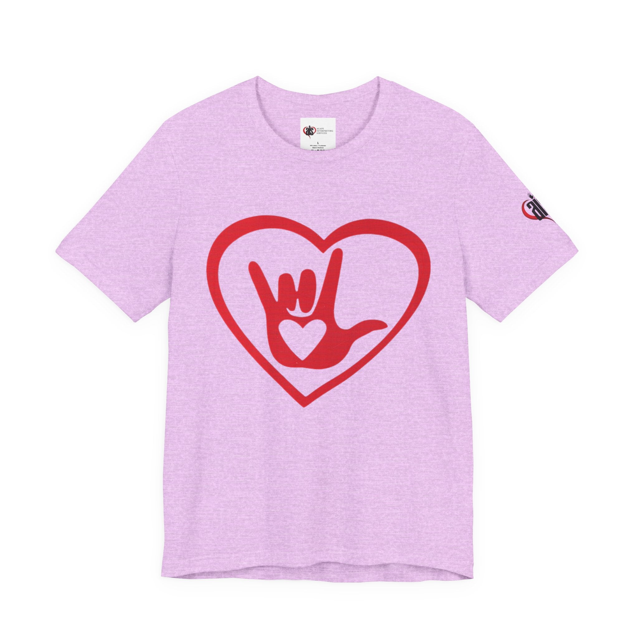 Purple t-shirt with a red heart design featuring a hand sign on a white background