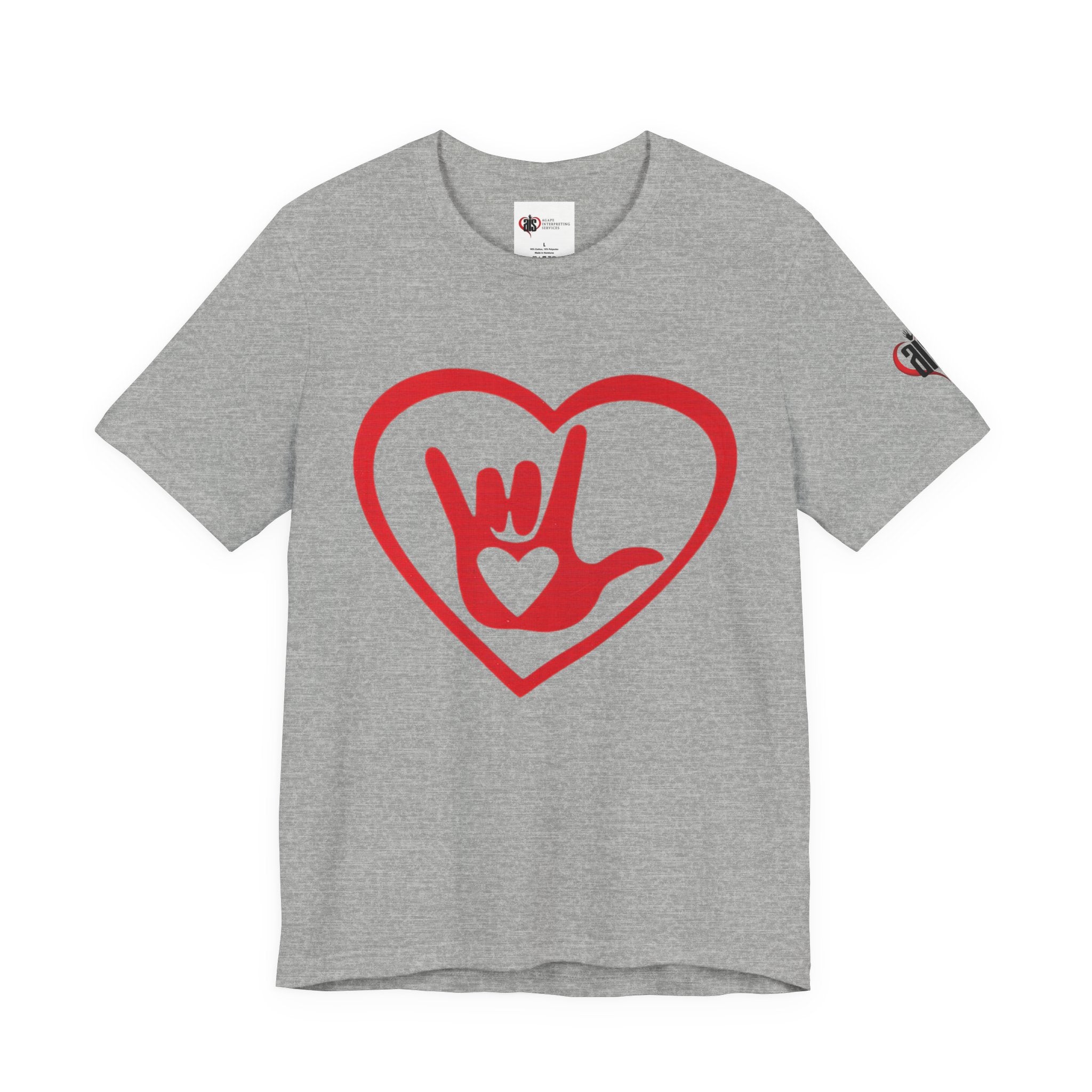 Gray t-shirt with a red heart and hand sign design on a white background